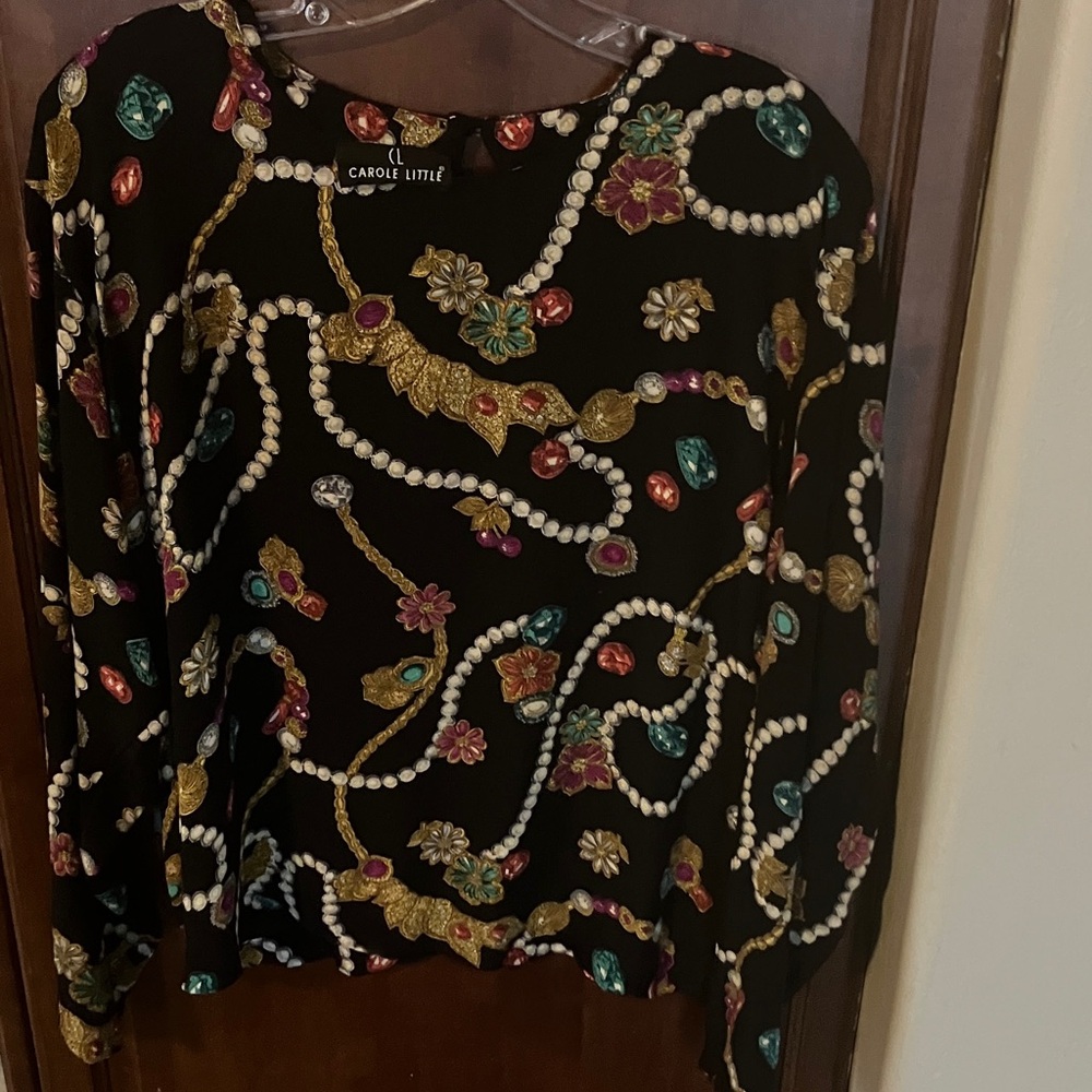 Carole Little Black Top with Jewel and Pearl Design